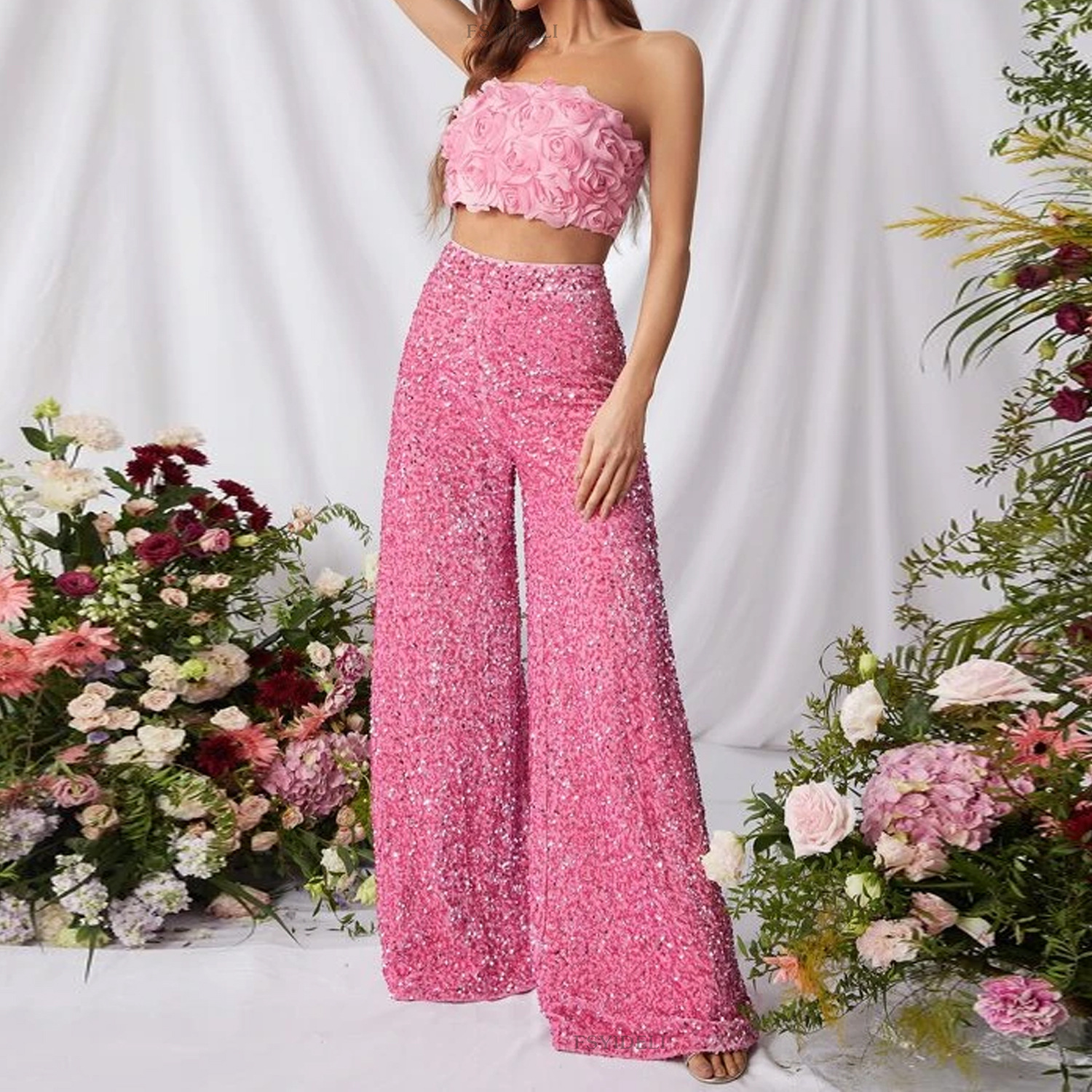 Women's Party Street Fashion Solid Color Full Length Sequins Wide Leg Pants display picture 3