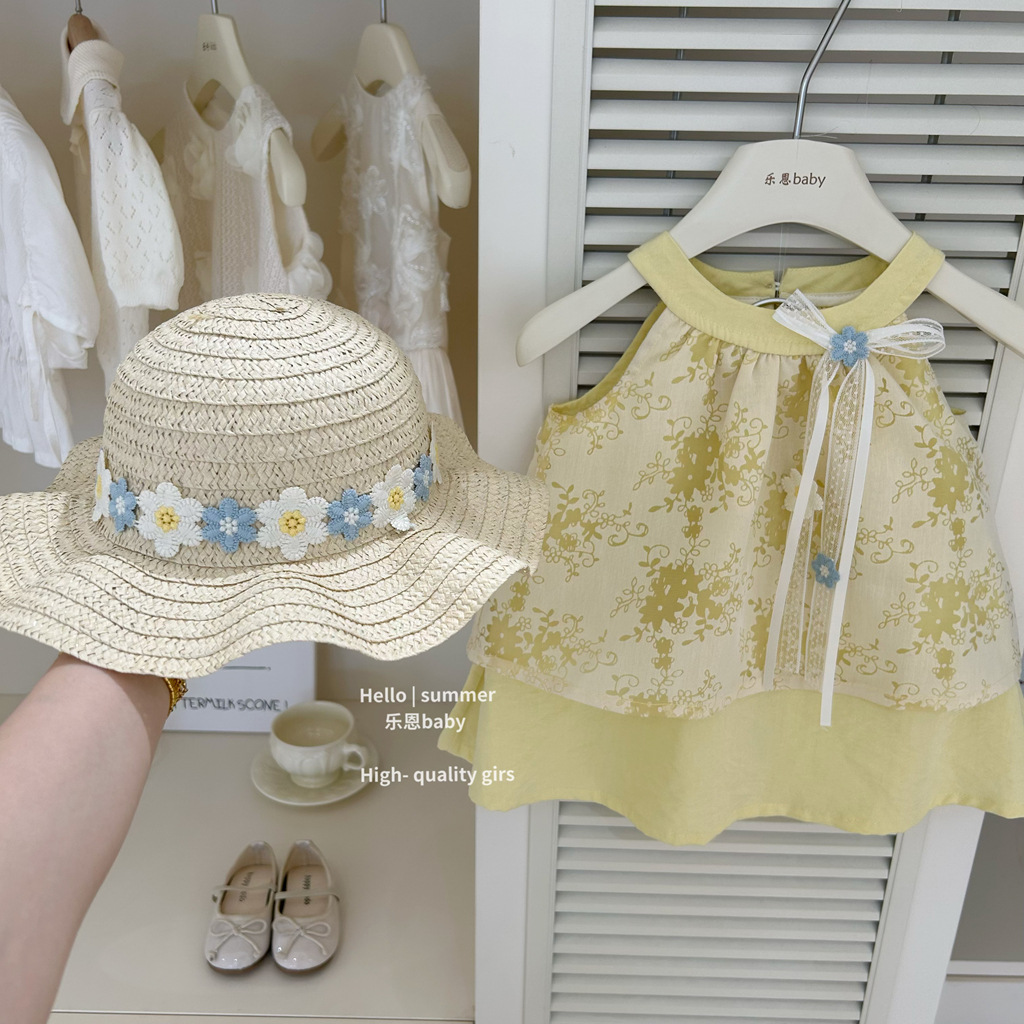 [Le En baby] Vestido de vacaciones amarillo de verano para niñas, vestido de princesa linda, falda de chaleco de moda de estilo occidental