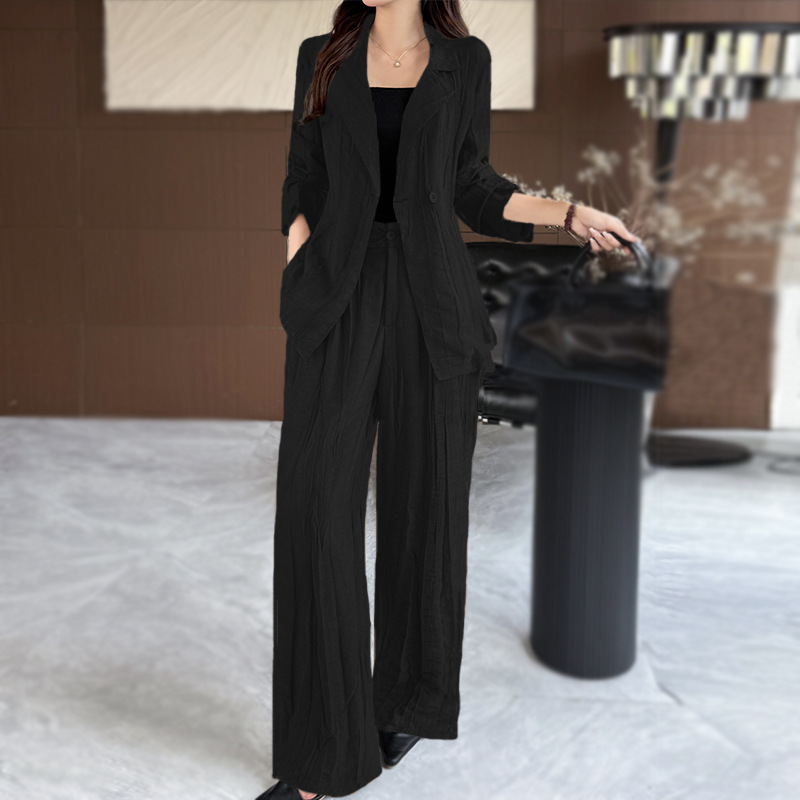 GraceChic Fashion Casual Suit per donna 2025 Blazer slim fit con taglio diagonale e plissettato, pantaloni lunghi, set due pezzi_voghion.com