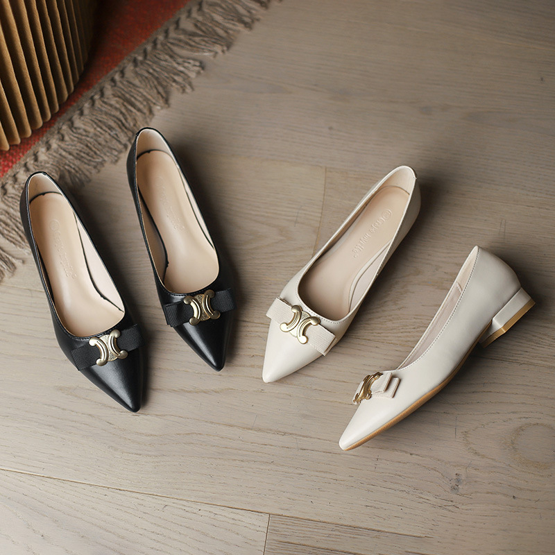 Xiaoxiangfeng temperamento zapatos individuales mujeres primavera y otoño nuevo estilo punta puntiaguda boca baja zapatos de mujer planos estilo coreano bowknot zapatos de trabajo de tacón grueso