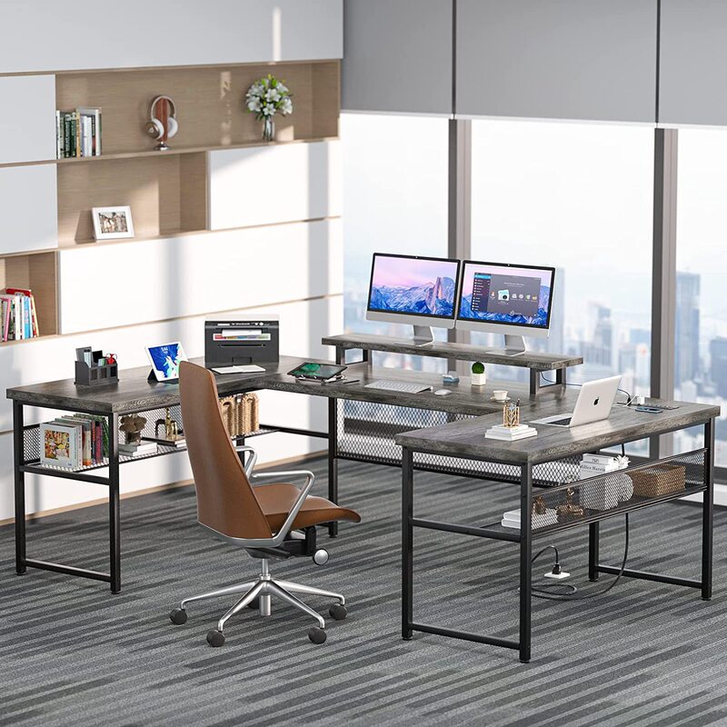 U-Shaped Study Table with Led Strip and Power Socket Cross-Border Special Home Office Desk Steel Wood Structure Computer Table