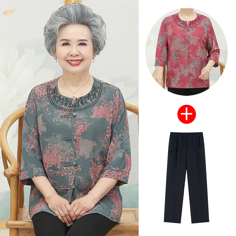 Middle-aged and elderly spring women's grandma summer thin shirt mother shirt set 60 old man wife clothes top