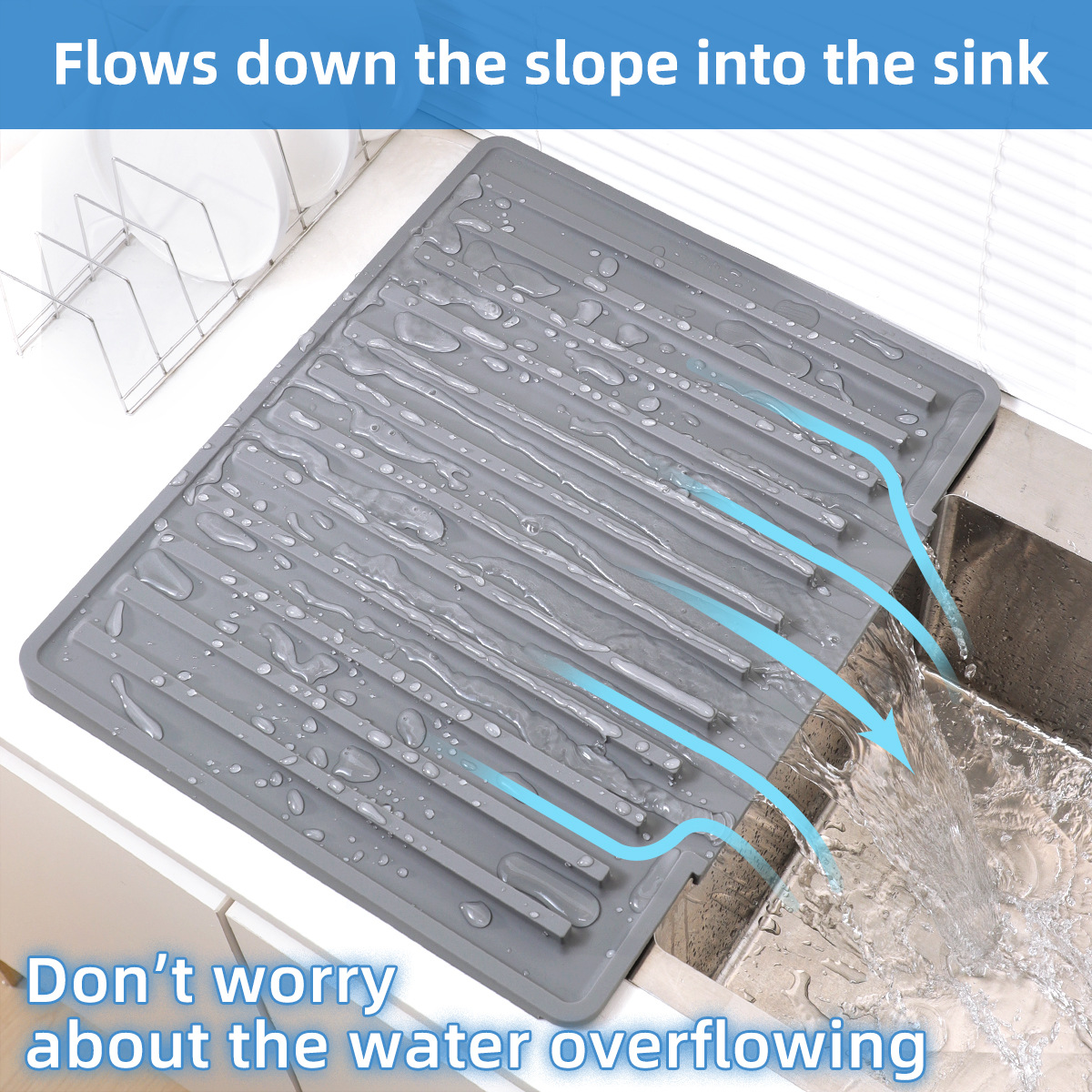 Thickened Sloped Silicone Drain Mat for Kitchen Countertop, Large Open-Ended Water-Draining Rack, Drying Mat, Anti-Scalding Dish Mat