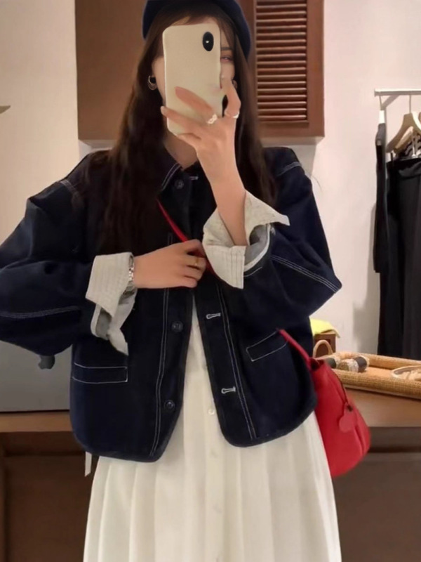 港风格子拼接娃娃领牛仔外套女短款2025春秋季小个子休闲立领上衣|undefined