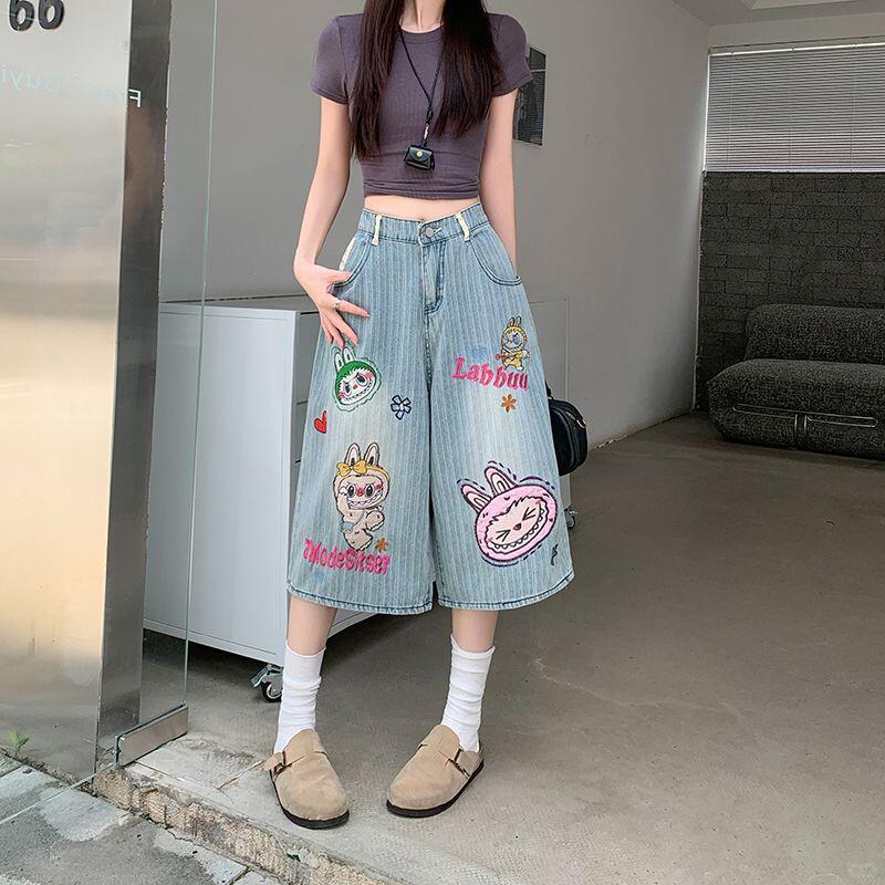 Plus-Size American Retro Embroidered Denim Jeans for Women, Summer New Style, Loose Wide-Leg Cropped Pants Plus-Size American Retro Embroidered Denim Jeans for Women, Summer New Style, Loose Wide-Leg Cropped Pants