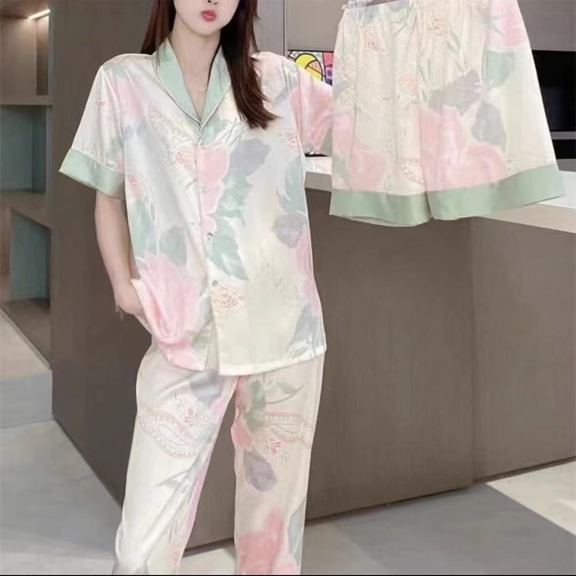 Summer Short-sleeved Pants Pajamas Women's Flower Shawl Collar Ice Silk Thin Three-piece Set Internet Popular Loose Air Conditioning Home Clothes