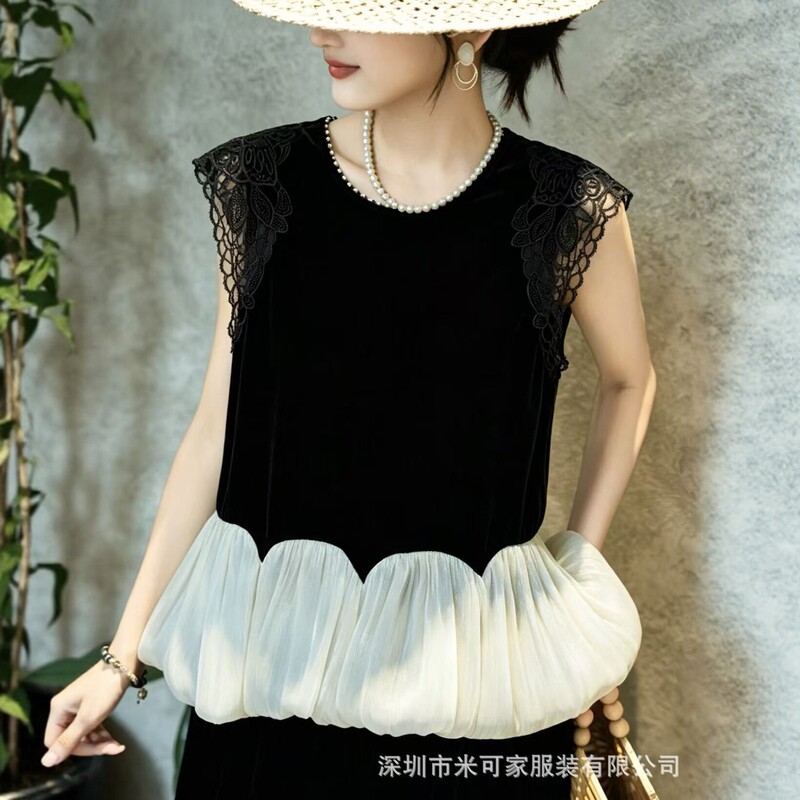 2026 Summer New Style Silk Velvet Sleeveless Vest for Women with Lace Splicing Round Neck Elegant Mulberry Silk Top
