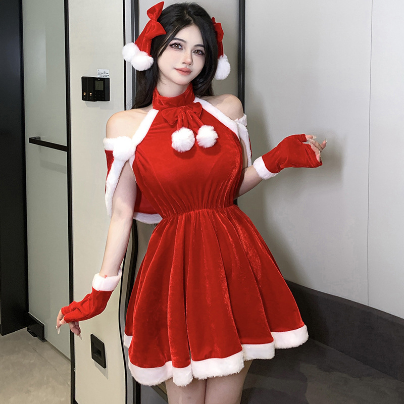 Sexy Christmas costume cosplay gold velvet mini skirt sexy lingerie for women party game outfit