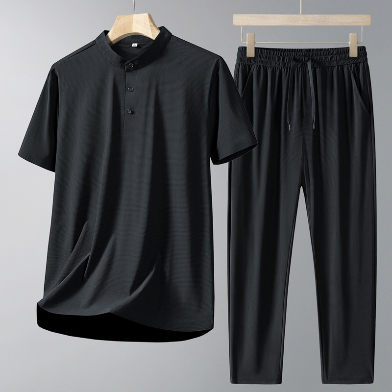 Papá traje casual de verano para hombre con cuello alto, nueva camiseta de manga corta de seda de hielo, pantalones finos de verano de secado rápido, traje de dos piezas para hombre