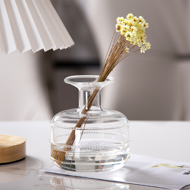 Jarrón pequeño de cristal transparente con puntos de seda tridimensionales, adorno para arreglos florales en la sala de estar, flores frescas, hidropónico, estilo francés de lujo ligero.