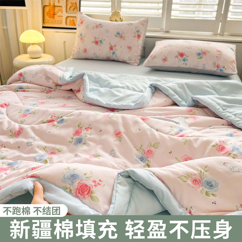 Algodón lavado de verano, edredón de aire acondicionado de algodón puro de Xinjiang, edredón delgado lavable a máquina, edredón fresco de verano simple y doble, juego de cuatro piezas