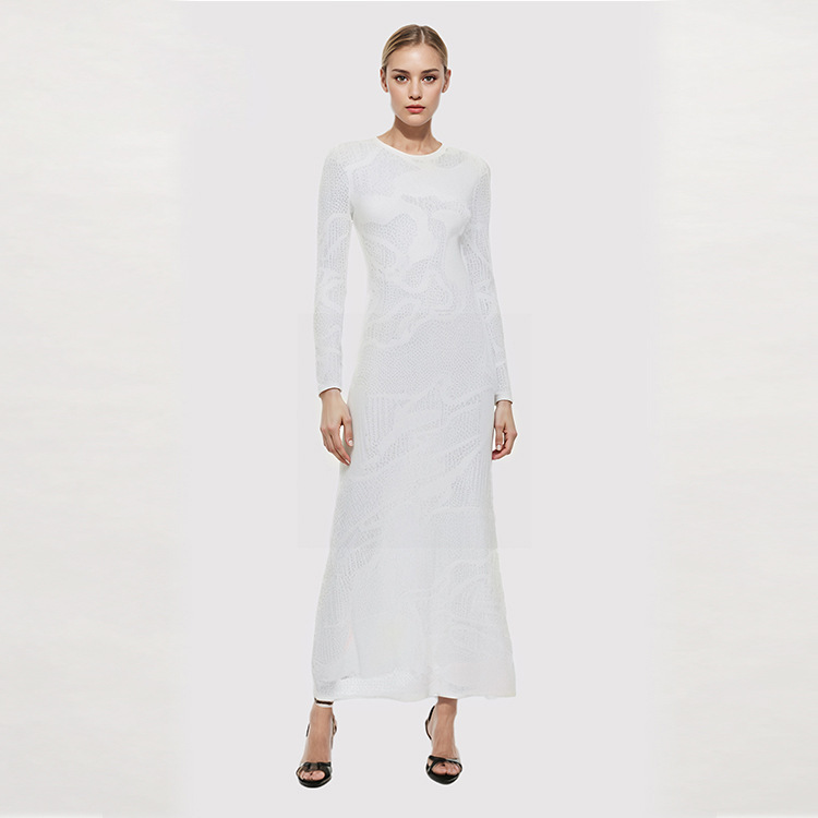 Spring and Summer Fashion Elegant Beach Holiday White Round Neck Long Sleeve Long Dress Knitted Hollow Long dress Women