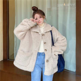 300克羊羔绒秋冬外套女ins韩版宽松时尚休闲开衫纯色连帽上衣女