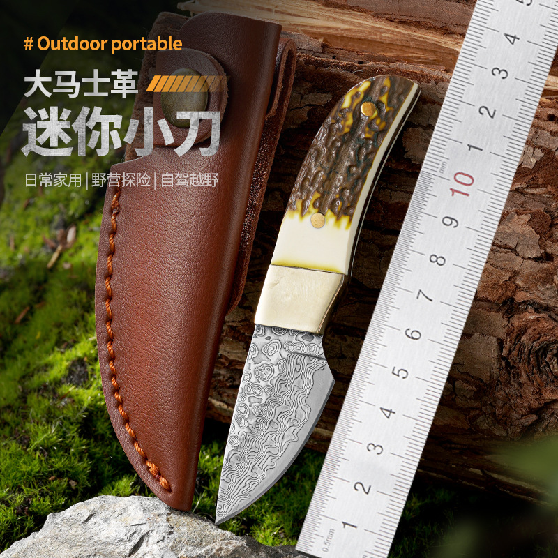 大马士革小刀户外刀家用水果刀便携随身迷你野营刀具高硬度手工刀