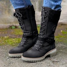 歐美騎士靴跨境外貿新款歐美女前系帶冬季中筒方跟圓頭車縫馬丁靴