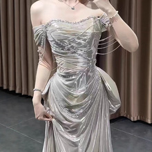轻奢礼服舞台主持人学生艺考高端一字肩链条长裙新娘订婚宴敬酒服