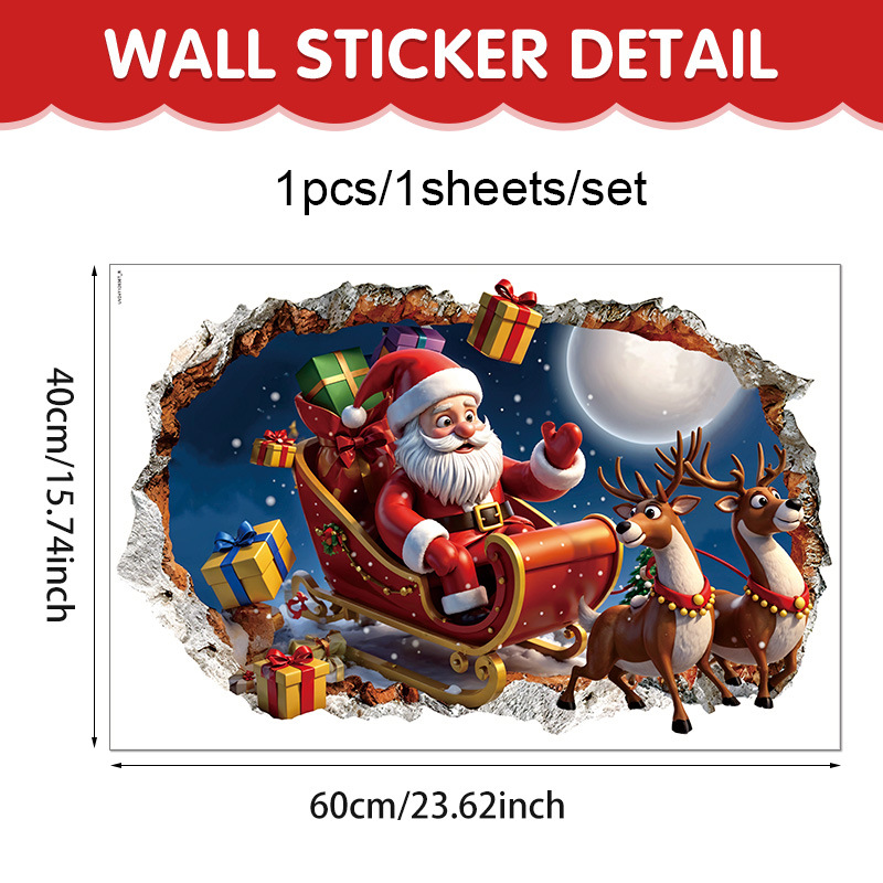 Christmas 3D Decoration For Living Room, PVC Self-Adhesive Santa Claus And Reindeer Holiday Wall Stickers_voghion.com