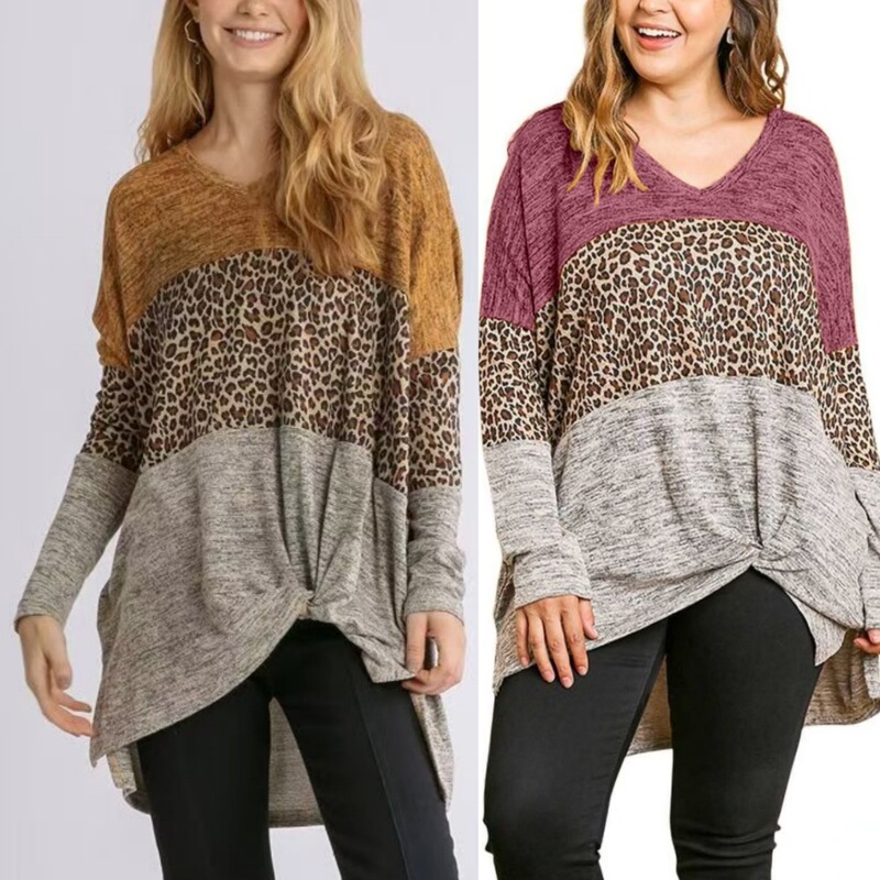 A Large Number of Spot European and American Export Plus Size Women's Clothing Amazon V Neck Leopard Print Contrasting Color Splicing Long-Sleeved T-Shirt Top A Large Number of Spot European and American Export Plus Size Women's Clothing Amazon V Neck Leopard Print Contrasting Color Splicing Long-Sleeved T-Shirt Top