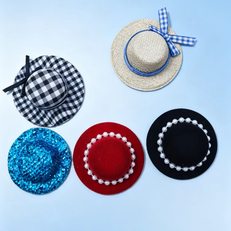 New Pet Hat Mini Straw Hat with Plaid and Pearl Decoration, Doll Accessories, Toy Accessories, Cute Princess Style