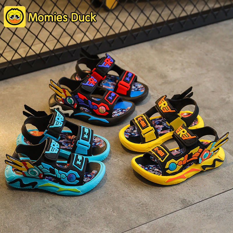 2024 Explosions Boys Sandals Korean Soft-soled Mecha Cartoon Outer Wear Small, Medium and Large Children's School Velcro Sandals for Men