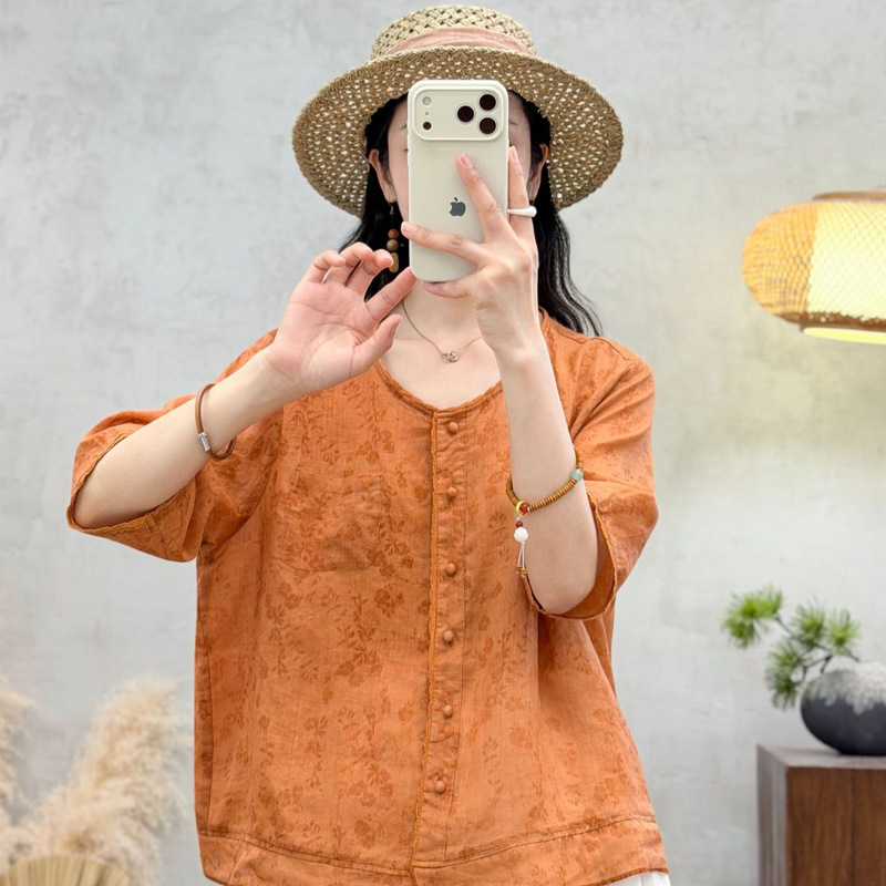 26 Summer Style Short-Sleeved Shirt for Women, Pure Ramie Digital Print, Loose Casual Ethnic Style Blouse, Half-Sleeved Lace Splicing 26 Summer Style Short-Sleeved Shirt for Women, Pure Ramie Digital Print, Loose Casual Ethnic Style Blouse, Half-Sleeved Lace Splicing