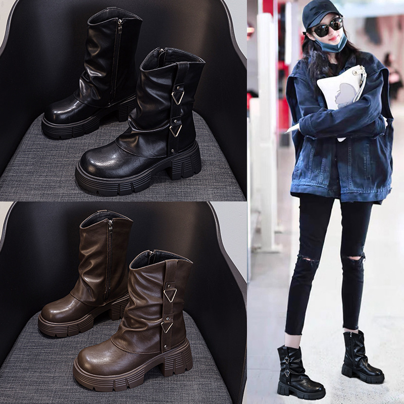 Women's Martin Boots 2026 New Style Casual Fashion Leather Boots Thick-Soled Height-Increasing Solid Color Trendy Street Style Women's Boots