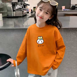 春秋款儿童秋季白色圆领女童长袖t恤打底衫女中童洋气纯棉秋装潮