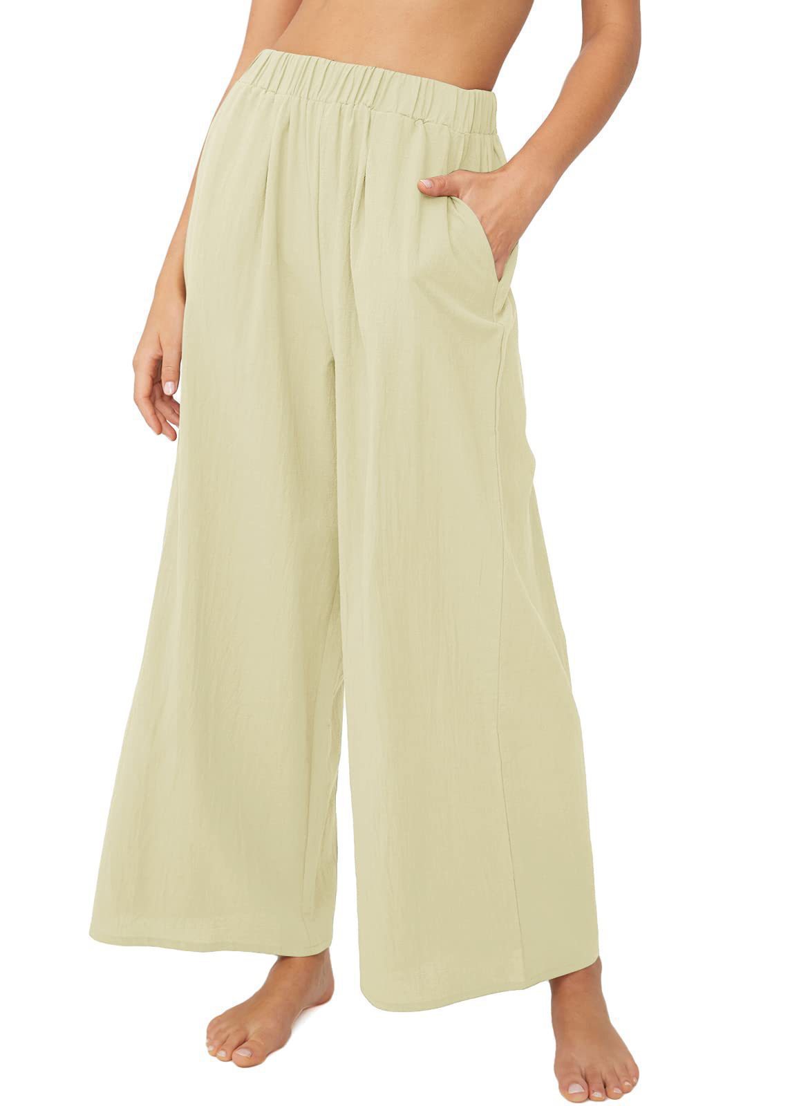 Effortless High-Waisted Wide-Leg Linen-Blend Trousers For Women, Comfortable Loose Fit Casual Palazzo Pants_ecoleips.com