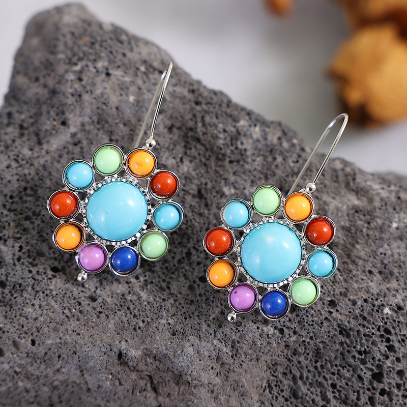 Vacation Colorful Flower Alloy Inlay Turquoise Women's Earrings display picture 3