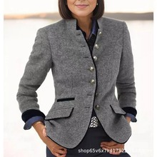 2025欧美休闲速卖通亚马逊爆款多纽扣拼色款春季新款女士毛呢外套