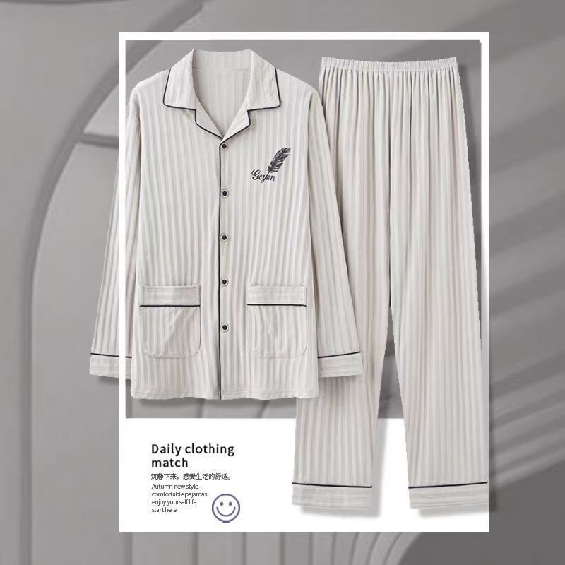 Pijama de algodón masculino primavera y otoño cardigan de manga larga suelta más grande se puede usar fuera del conjunto de ropa de casa