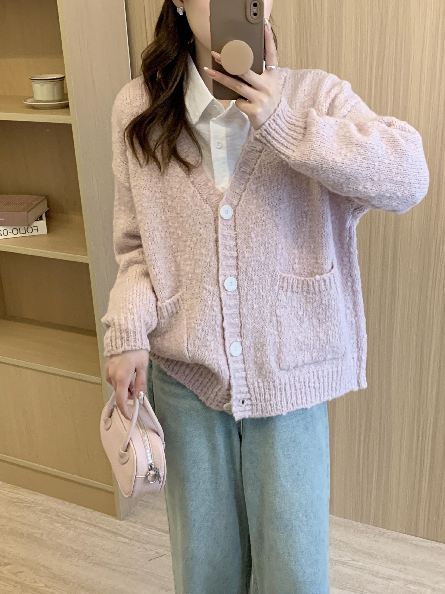 24 invierno Puyuan nuevo estilo relajado perezoso viento de cuello en V de bolsillo de color sólido chaqueta de punto