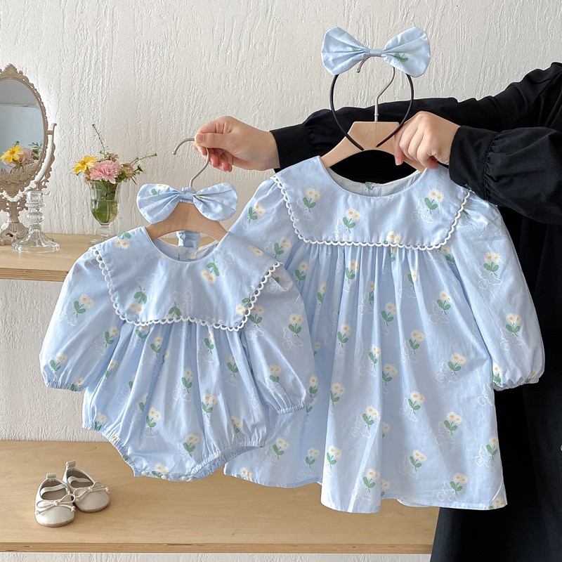 2026 Autumn Romper Baby Clothes for Girls Princess Bodysuit Long Sleeve Sweet Floral Dress Sister Outfits