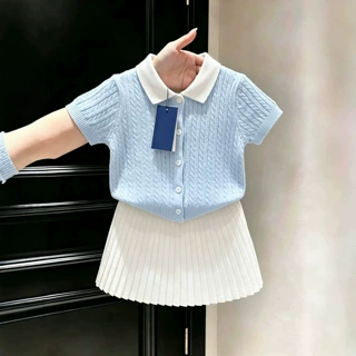韩版女童2026夏季新款浅蓝色麻花Polo领针织短袖女宝宝白色半身裙