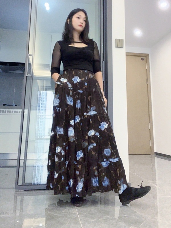 复古山茶花半身裙女2025秋季新款褶皱百褶裙中长款A字裙休闲长裙|undefined