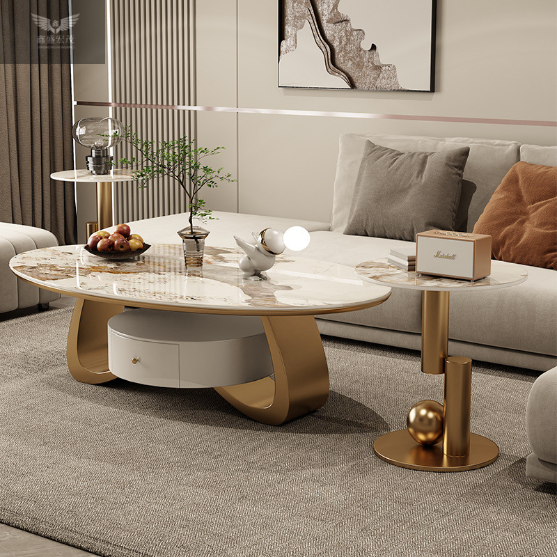 Salón de estar de estilo doméstico mesa de té de tabla de roca de lujo ligera moderna combinación de tamaño oval simple diseñador con tabla de borde