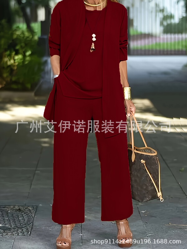 temu.卖现货纯色开叉圆领无袖背心上衣长袖开衫外套阔腿裤套装女|undefined