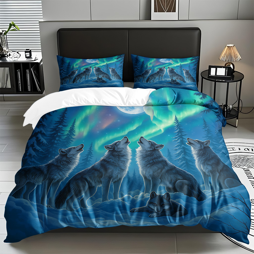 TEMU / JIT adaptado al patrón de lobo impresión digital set edredón molido textil transpirable para dibujar puede hacer