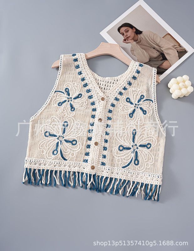エスニック風ベスト、刺繍レイヤード、ベスト、アーティスティックショートジャケット、タッセルベスト、レトロ|undefined