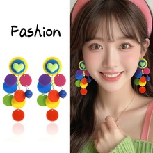新款三连彩色圆片欧美珍珠耳环耳钉长款简约亚克力耳坠耳饰品女士