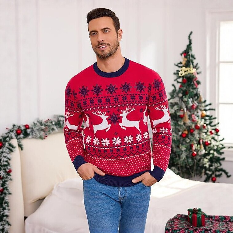 Men's Christmas Knit Sweater Round Neck Jacquard Deer Pattern Red Sweater Casual Holiday Top Men's Christmas Knit Sweater Round Neck Jacquard Deer Pattern Red Sweater Casual Holiday Top
