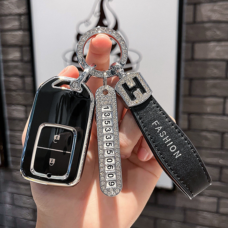 BT 키 타입 A - 스마트 2버튼 [싱글 쉘 블랙] + 블랙 H 가죽 로프 다이아몬드 버클 + 실버 번호판