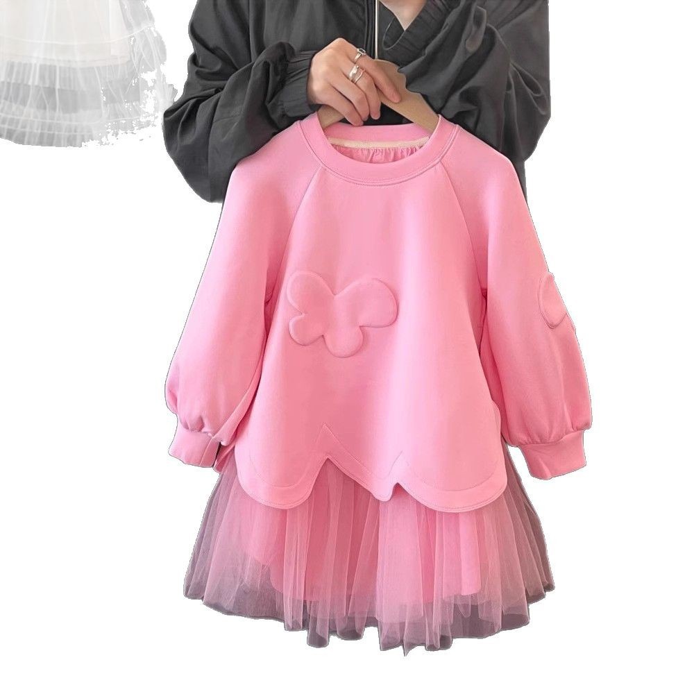 Vestido de niña 2025 primavera nuevo estilo para niños estilo francés diseño dulce sentido malla costura suéter falda vestido de princesa