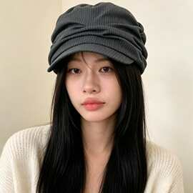 复古褶皱条纹星星纽扣平顶马术帽女设计感贝雷帽显脸小鸭舌帽子潮