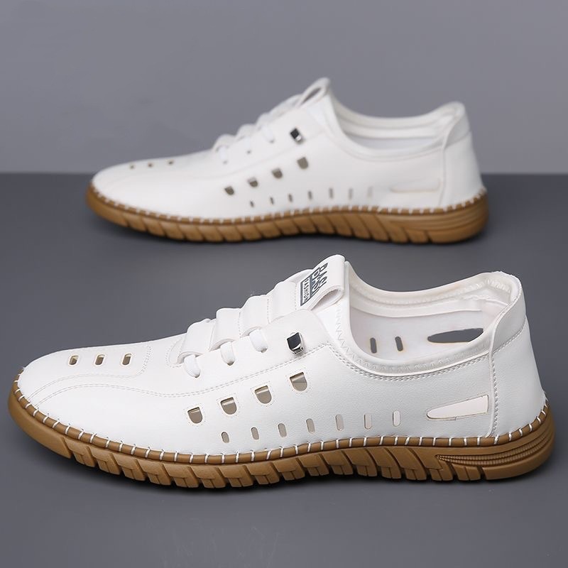 Sandalias de verano para hombre, zapatos de cuero casuales transpirables, zapatos blancos huecos y transpirables, zapatos con agujeros, sandalias de un solo pedal para hombre de suela blanda