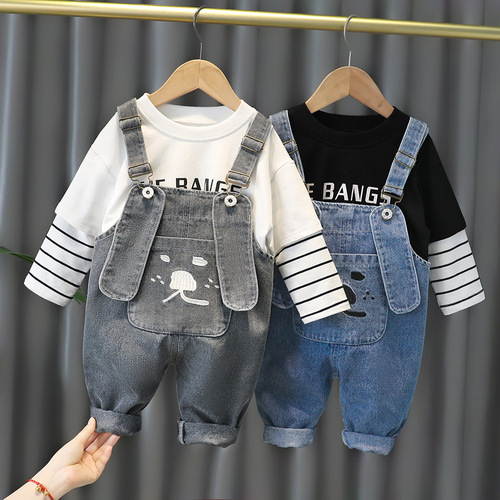 Children's boys and girls denim overalls long-sleeved suit baby casual cartoon Korean version cotton two-piece set manufacturer wholesale
