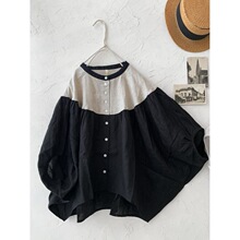 日系ins亚麻拼衬衫女春夏新款甜美减龄文艺百搭圆领娃娃衫上衣女