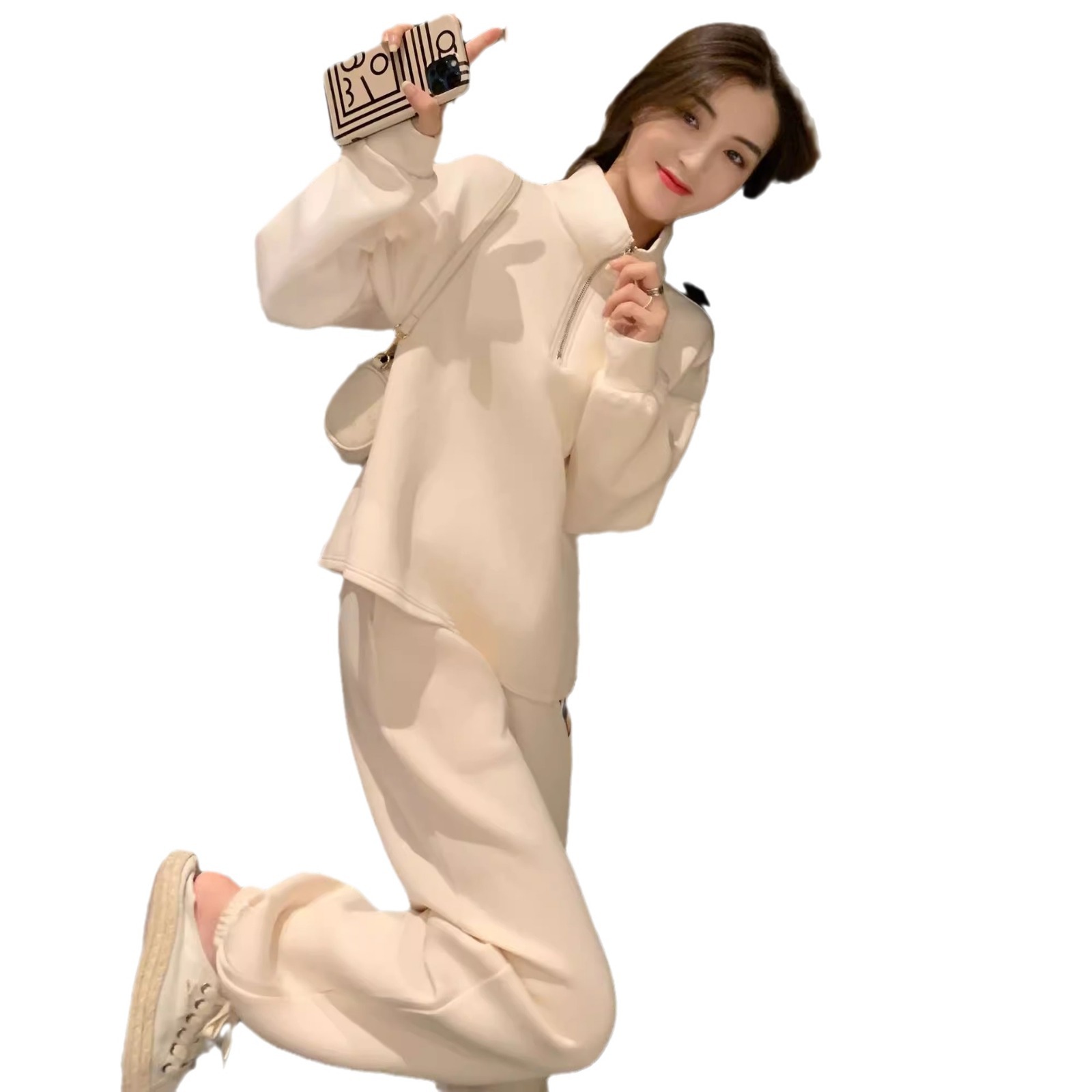 폴로 칼라 스웨트 셔츠 세트 여성의 봄과 가을 새로운 서양식 연령 감소 캐주얼 스포츠 할란 팬츠 프라이드 스트리트 투피스 세트