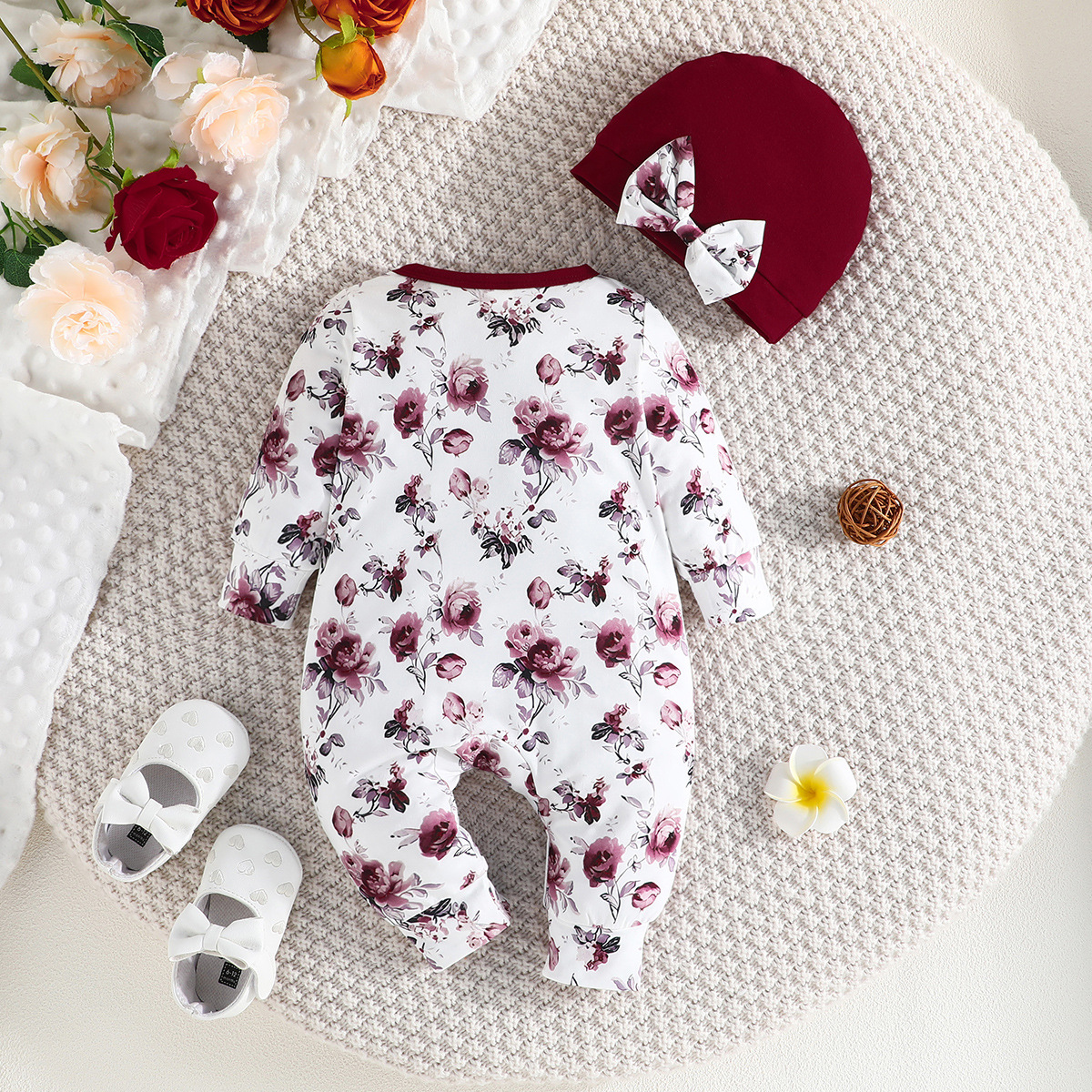 2024 Primavera e Autunno Nuovo Fiocco Manica Lunga Fiore Stampato Tuta + Cappello Due Pezzi Set_voghion.com