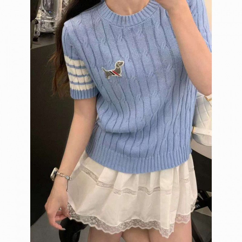 夏デザインニッチ通勤ツイスト半袖セーターレディース子犬刺繍カレッジスタイル万能Tシャツトップ|undefined